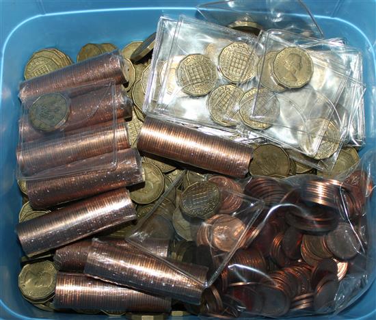 Collection of threepenny bits, uncirculated halfpennies, etc